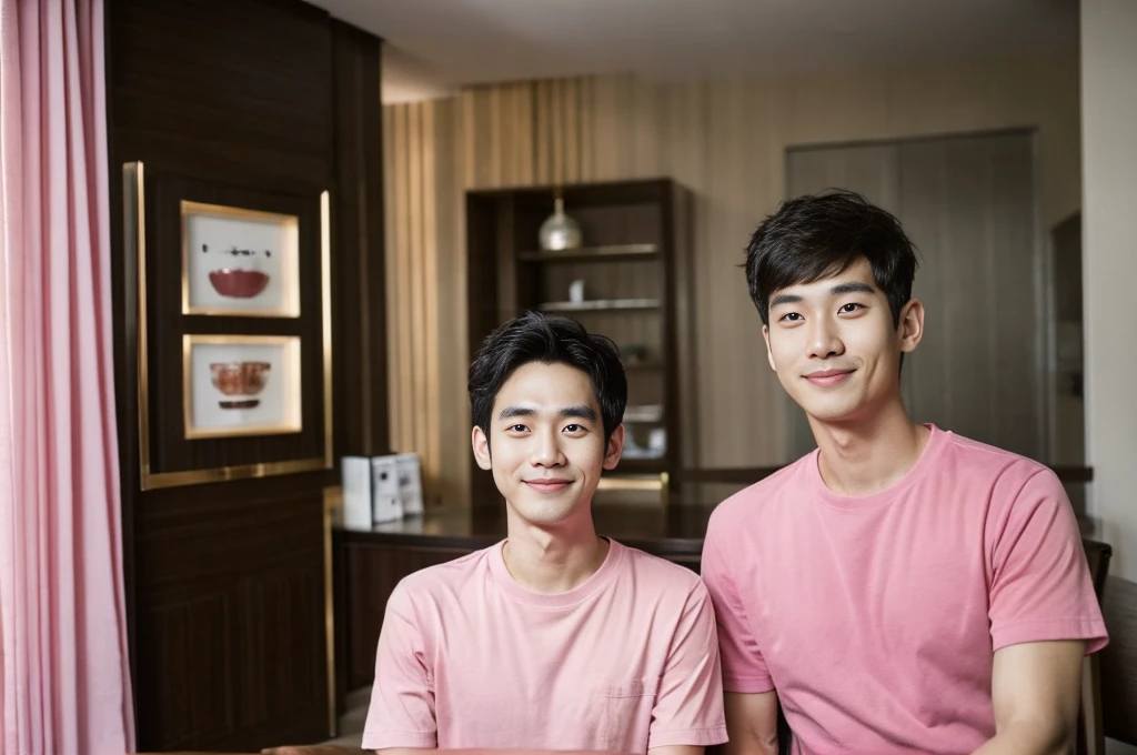 Korean man, Inspiration from Peng Yuyan, 30 years old, 236 years old, Cute Korean Face, 35 yo, 33 year old Korean muscular man，The dining room is in the back. pink t-shirt,