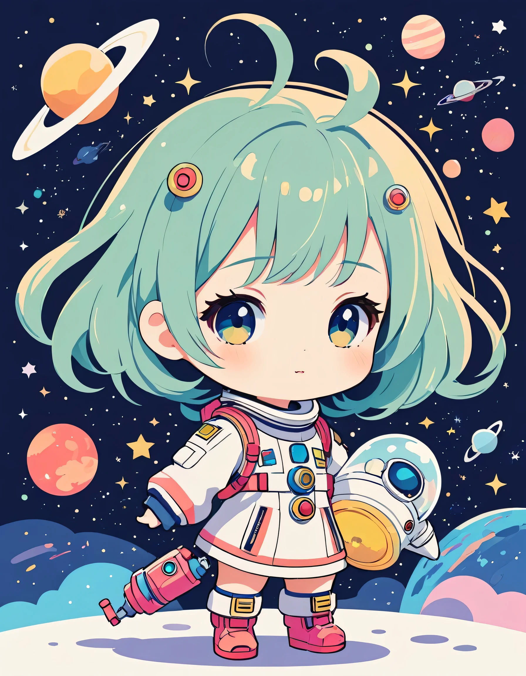 Mika Pikazo style, Simple Line Initialism,Abstract art,Kawaii Design, The most beautiful girl of all time, chibi, Space Exploration, Cute Aliens