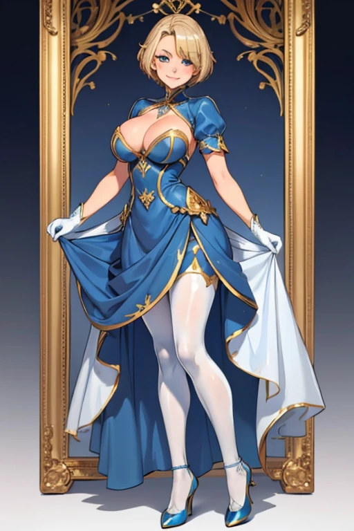 female, golden blonde short hair, blue eyes, (((1girl))), (((blue regal dress))), (white opera gloves), (white tights), (blue heels), (silver and gold jewelry), cute and sexy, full body, huge breasts, long legs, smiling