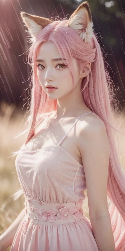 Nine snow-white fox tails (1.0), milky fox tail (1.0), fox close-up of nine tails, nine-tails, nine-tails, anime girl with pink hair and pink dress with flowers on her hair, very beautiful anime fox girl, beautiful anime fox girl, beautiful fantasy anime, guweiz, anime girl with fox ears, beautiful anime girl, very beautiful and cute fox girl, pink flower rain, background blur, anime style 4 K, anime fantasy artwork, 4k anime wallpaper, Artwork in the Guvez style