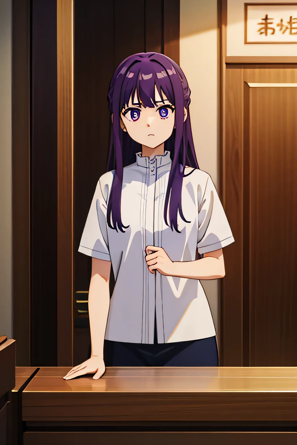 (masterpiece, 最high quality:1.2), A person with long purple hair and a white shirt, Purple eyes, Bull, wear , Super detaileded, 最high quality, Expressive eyes, Perfect Face, ultra high quality, Super detailed, high quality, 最high quality,  on the other hand、It is not easy for convenience store clerks to intervene in dangerous situations.、Some have pointed out that this judgment is difficult.