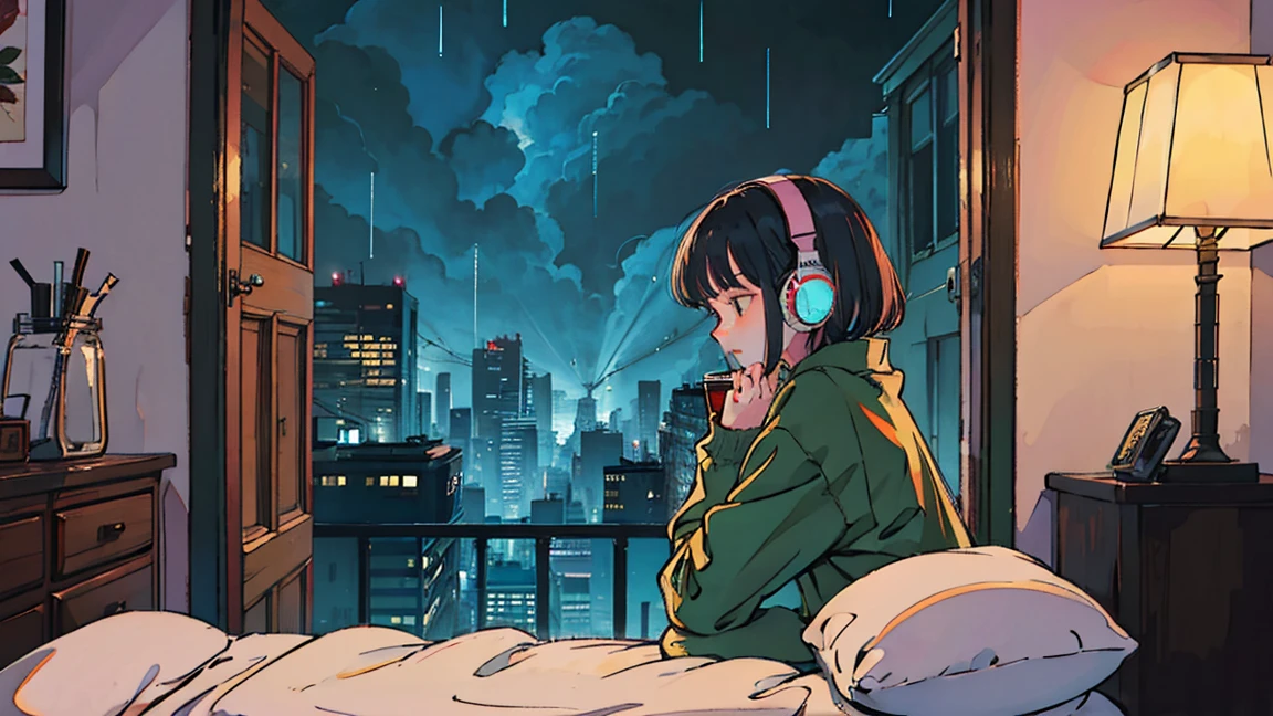 Lofi Song, Sitting on the bed. Looking out the window, Drink coffee. Listening to music through headphones, Looking out the window and seeing the rain falling
