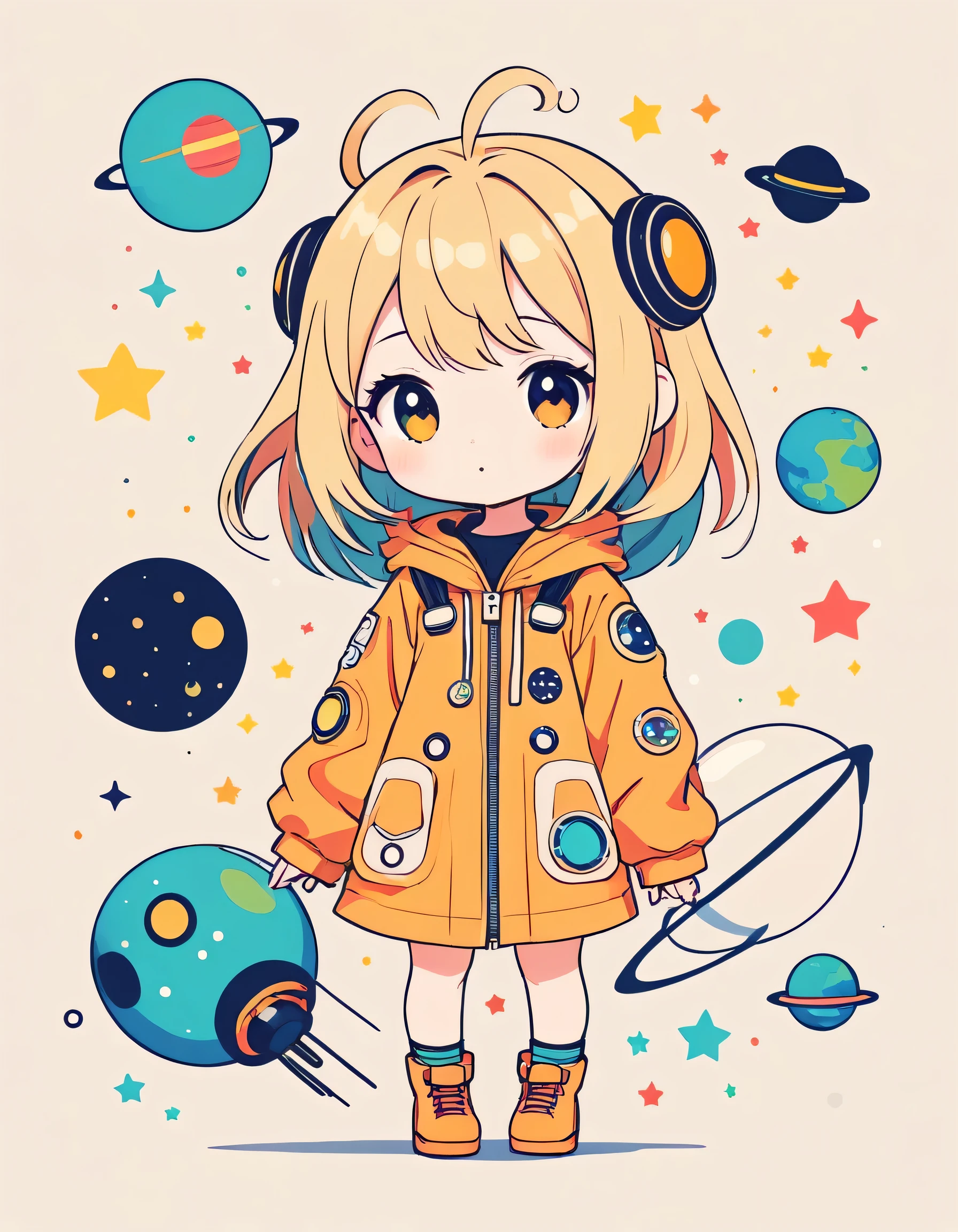 Mika Pikazo style, Simple Line Initialism,Abstract art,Kawaii Design, The most beautiful girl of all time, chibi, Space Exploration, Cute Aliens
