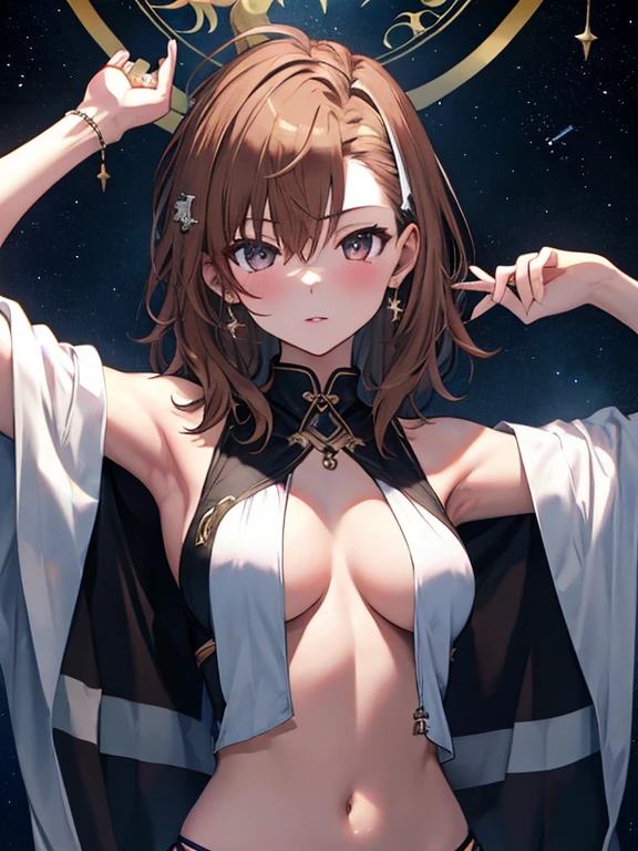 Horoscope, fortune teller, astrologer, astrologer, (masterpiece), highest quality, Misaka Mikoto, 1girl, uhd, retina, masterpiece, ccurate, anatomically correct, textured skin, super detail, high details, high quality, best quality, highres, 4K