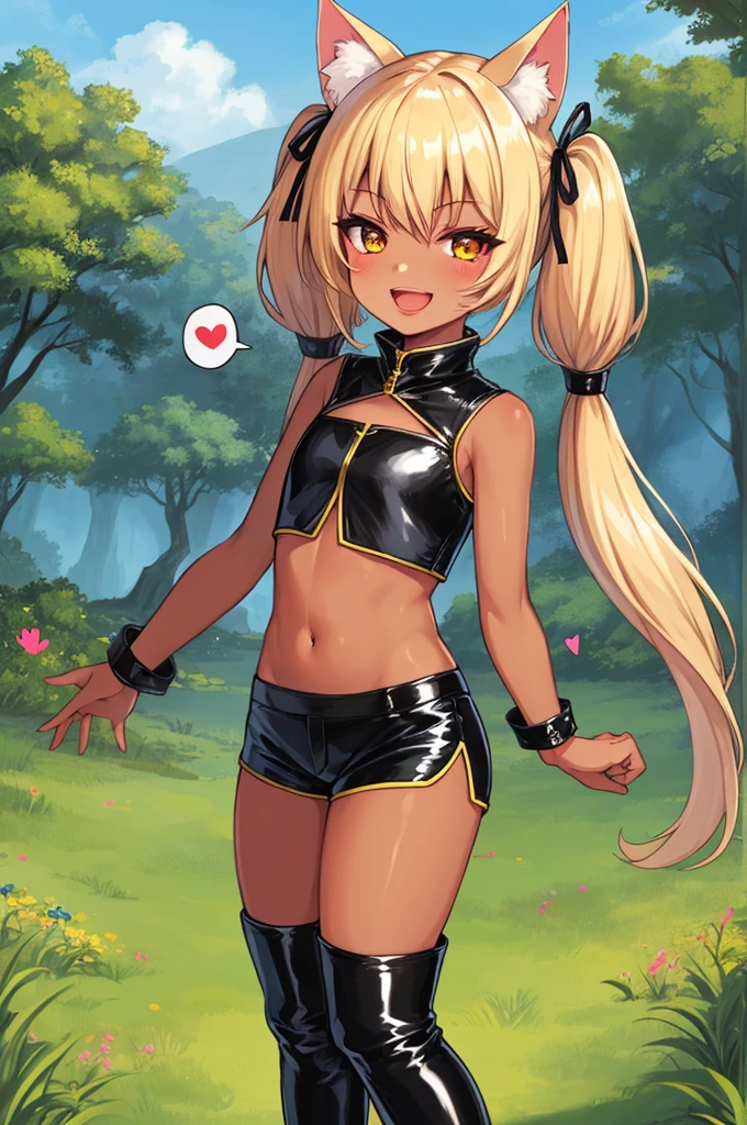 1girl,,tanned body,twintail,,,outdoor,looking viewer,,,(((fantasy))),glossy lips.(spoken heart),smirk,open mouth,nature,,cat ears,thigh boots,crop top,latex shorts
