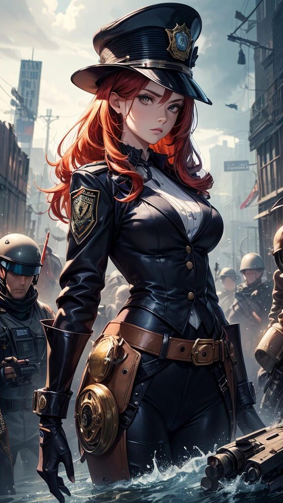 A woman stands in front of a group of robots, Steampunk man portrait, synthesis, Beautiful android woman, Stormy epic war scenes, Inspired by Richard Avedon, Black dieselpunk policewoman, Redhead woman, Girl in suit, Complex fashion clothing, Beautiful female soldier