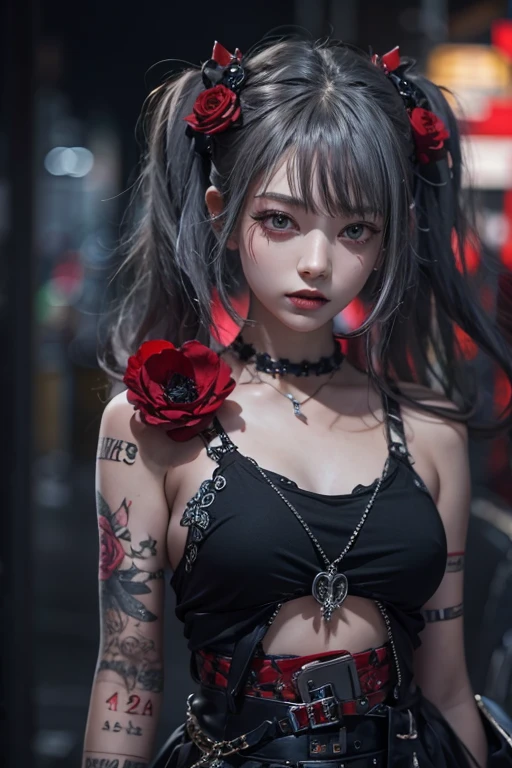 highest quality、8k、masterpiece:1.3、Gothic Punk、The inner color is red、Gray Black Hair、hair ornaments、beautiful girl、creative、Punk Shirt、Neogoth、Goth Fashion:1.2、High resolution、masterpiece、highest quality、頭w:1.3、((Hasselblad Photos))、Fine skin、Sharp focus、(Cinema Lighting)、Explore Tokyo's nightlife behind the neon lights, Forehead open, Age 25、Petting'Hair back、Shoulder Bare、Small red rose tattoo on the décolletage