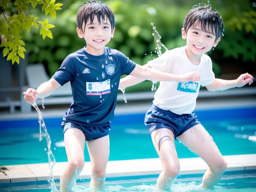 hot summer、primary school、Summer swimming pool、Fun every day、Get wet all over、Japan Boy、Glowing water splashes、Pool lessons、Boy playing in water、The happy boys、Strong sunlight、Short sleeve gym uniform、Blue shorts、barefoot，Boys only 、１０age、high resolution、masterpiece