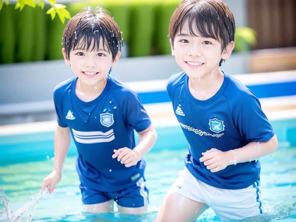 hot summer、primary school、Summer swimming pool、Fun every day、Get wet all over、Japan Boy、Glowing water splashes、Pool lessons、Boy playing in water、The happy boys、Strong sunlight、Short sleeve gym uniform、Blue shorts、barefoot,Boys only 、10age、high resolution、masterpiece