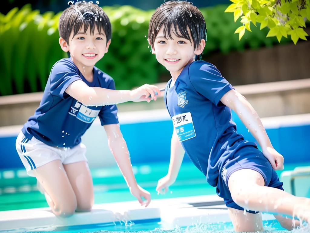 hot summer、、Summer swimming pool、Fun every day、Get wet all over、Japan Boy、Glowing water splashes、Pool lessons、Boy playing in water、The happy boys、Strong sunlight、Short sleeve gym uniform、Blue shorts、barefoot，Boys only 、１０age、high resolution、masterpiece