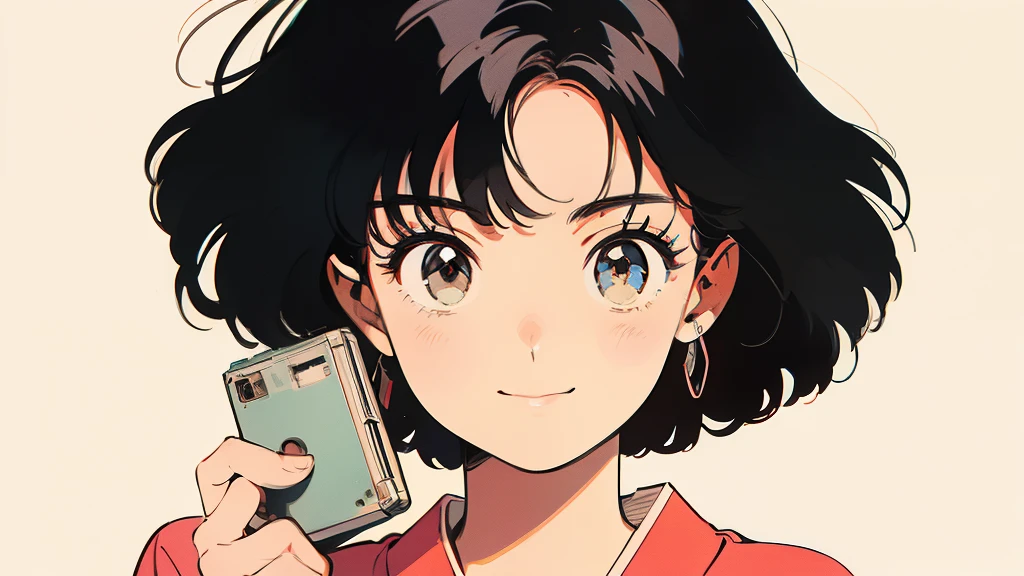 Very beautiful 18 year old Japanese woman holding a cassette tape.
The background is simple and the main focus is on the girl and the cassette tape.
The cassette tape is red and labeled ``1980...''.
The girl is smiling and holding the cassette up in front of her face.