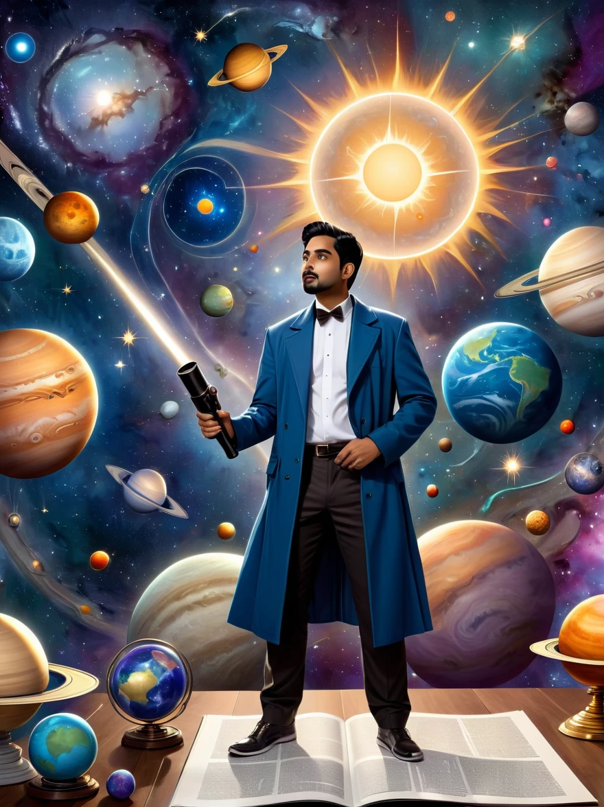 Depiction of transit events in astrology presented in a comic style. The scene includes a South Asian male astrologer with a telescope gazing at celestial bodies. A chart filled with astrological symbols stands beside him. The scene also includes Caucasian female figures representing planets like Mars, Venus, and Jupiter. Each is portrayed with distinct characteristics relating to their astrological representation, in a humorous and exaggerated comic book fashion.