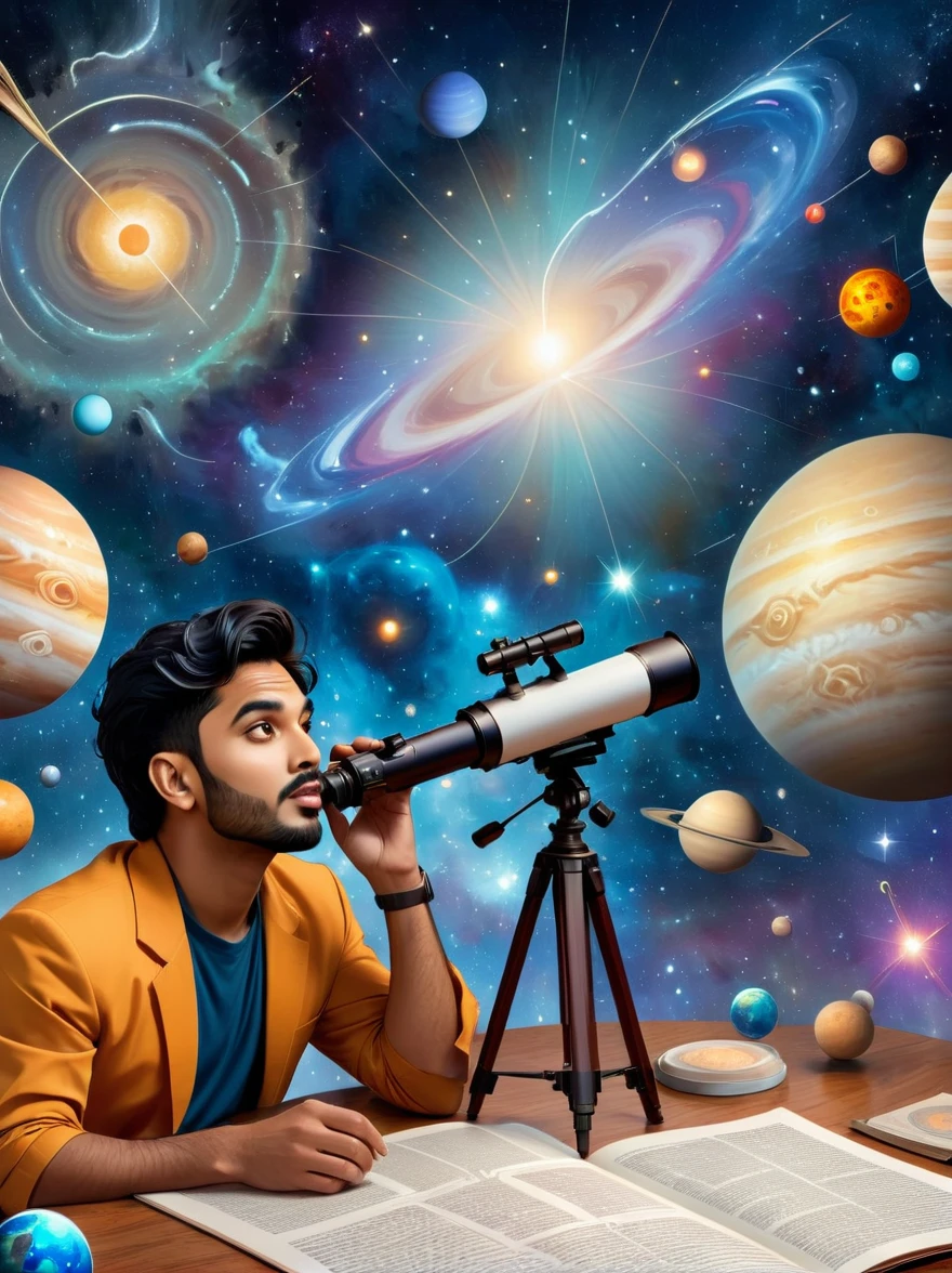 Depiction of transit events in astrology presented in a comic style. The scene includes a South Asian male astrologer with a telescope gazing at celestial bodies. A chart filled with astrological symbols stands beside him. The scene also includes Caucasian female figures representing planets like Mars, Venus, and Jupiter. Each is portrayed with distinct characteristics relating to their astrological representation, in a humorous and exaggerated comic book fashion.