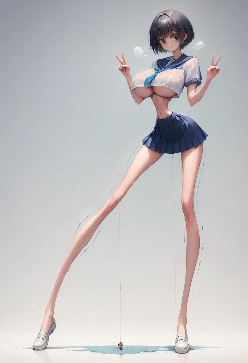 (masterpiece, best quality:1.2), front shot, beautiful 1girl, (super big breasts, micro waist, very long legs:1.4), Black hair, short bob hair, short height, scrawny and thin body, (Morbidly thin:1.4), Light Skin, cute big eyes, cute beautiful thin face, forced smile, Modest, serafuku, mini skirt, pigeon-toed, V sign, Long and thin navel, (beautiful visible ribs:1.2), (Arched back, wet and sweaty, Trembling)