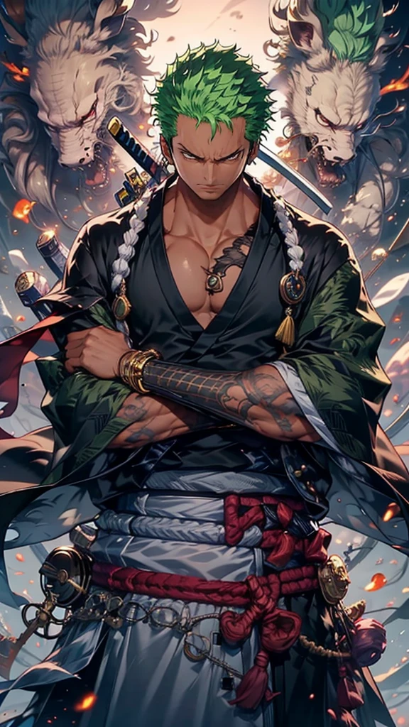 Zoro, standing alone, Looking at Viewer, sorrido, short hair, Eyes red, , holding, jewelries, upperbody, missiles, male focus, aretes, Japanese clothing, green haired, antlers, elsword, kimono, segurando missiles, from sideways, tatoo, Ablaze, cicatriz, segurando elsword, katana, scar on the face, scar on eye, Detailed muscle physique, photorealistic representation, 4k resolution. Background Story: Martial arts dojo,UHD 32k, best qualityer, master part, super detaill, High details, ((strong man)).