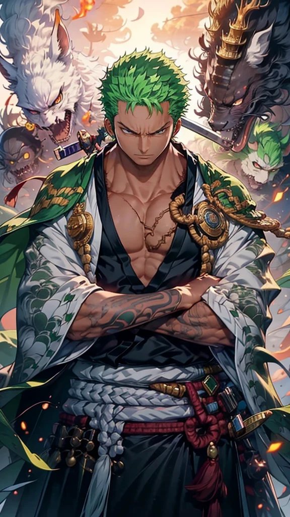 Zoro, standing alone, Looking at Viewer, sorrido, short hair, Eyes red, 1st grade, holding, jewelries, upperbody, missiles, male focus, aretes, Japanese clothing, green haired, antlers, elsword, kimono, segurando missiles, from sideways, tatoo, Ablaze, cicatriz, segurando elsword, katana, scar on the face, scar on eye, Detailed muscle physique, photorealistic representation, 4k resolution. Background Story: Martial arts dojo,UHD 32k, best qualityer, master part, super detaill, High details, ((strong man)).