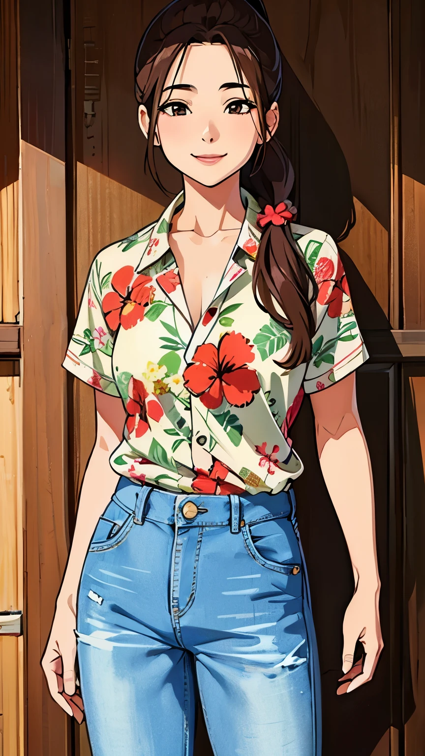 Women who look like this、whole body、(Highest quality)、stylish, Detailed Background, smile、Gentle expression、Naivety、Adult women、Aloha Shirt、Denim pants、Brown Hair、Long Hair、ponytail、Floral decoration、smile、Asian