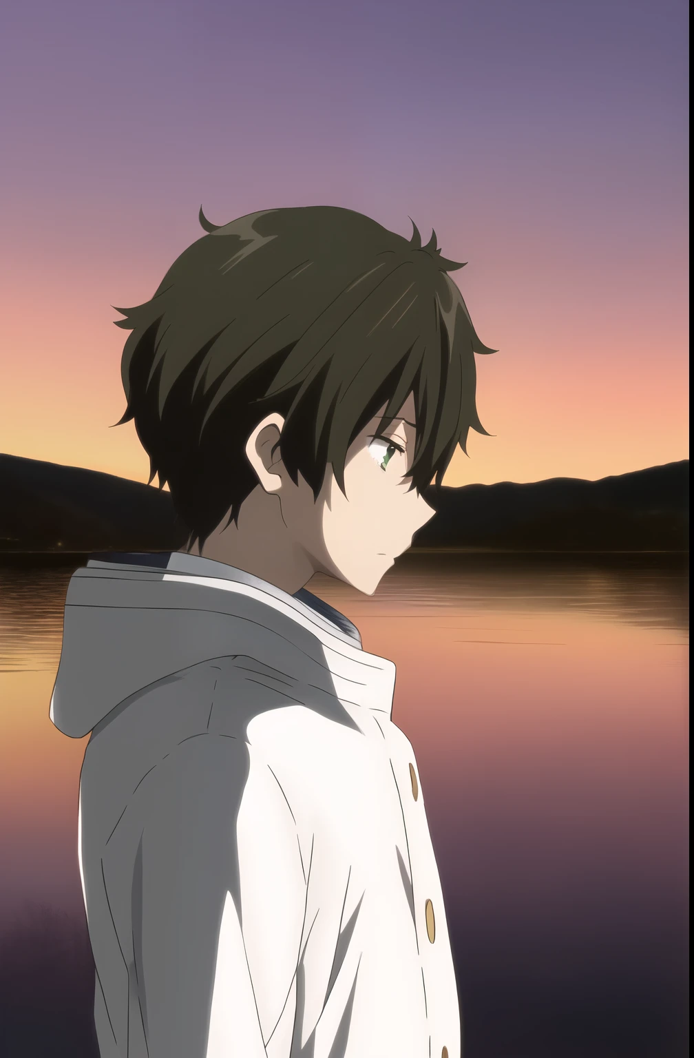 oreki houtarou, 1boy, male focus, solo, brown hair, green eyes, profile, upper body, white coat from side, introspection, standing, sunset, outdoors,