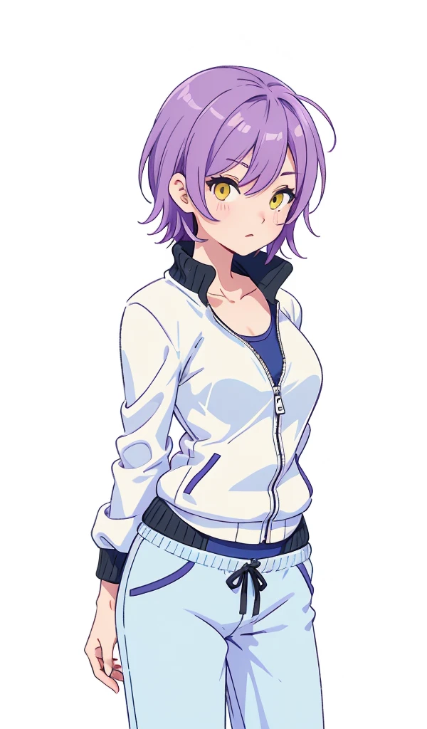 (Visual novel), (key art), (character sprite), short violet hair, yellow eyes, (dominant), tall, in her 30s, blue swim suit, Japanese aesthetic, narrow eyes, school teacher, mature, harsh features, strict, swimsuit under jacket, white jacket, black jogging pants, arms behind back, (cleavage: 0.7)