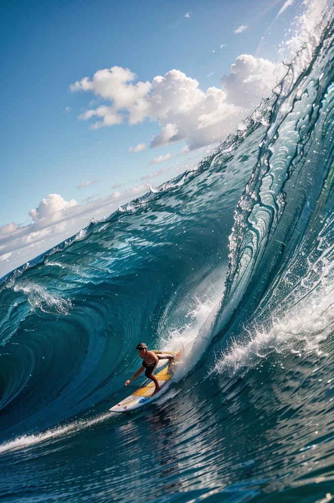 create modern surfing photos: a man swims out on a surfboard from a tall, beautiful, powerful wave. Use bright and attractive colors..
Target audience: People, passionate about travel, extreme sports and adventure. average person