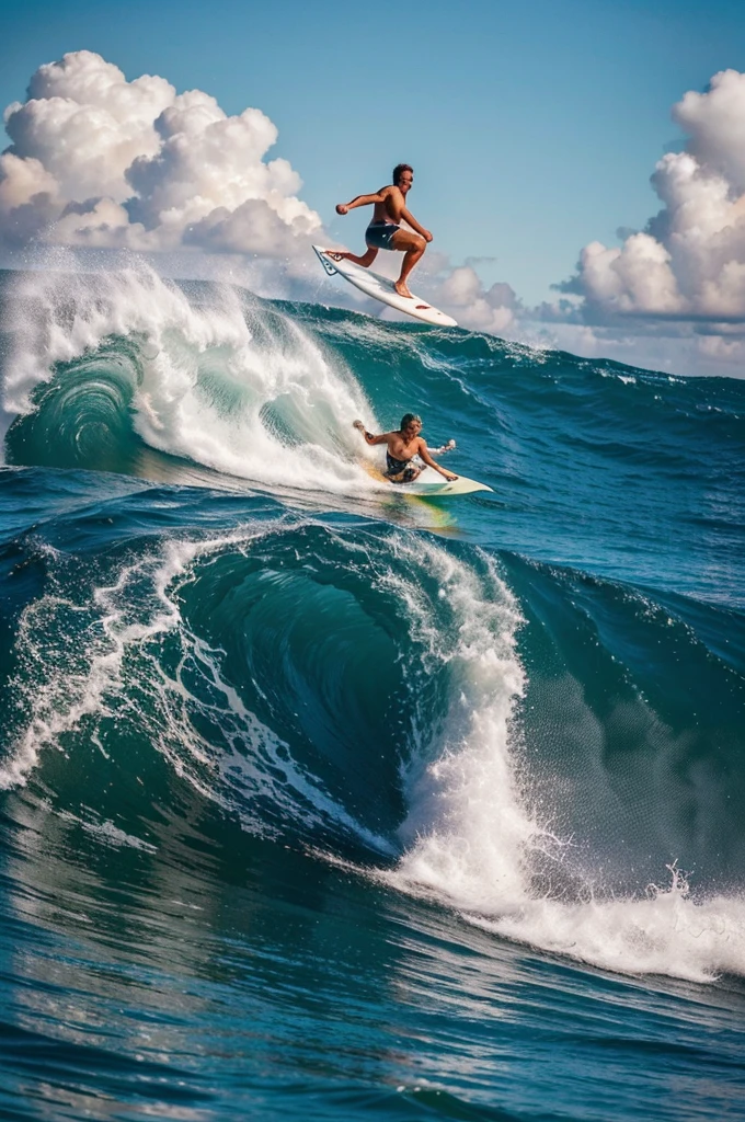 create modern surfing photos: a man swims out on a surfboard from a tall, beautiful, powerful wave. Use bright and attractive colors..
Target audience: People, passionate about travel, extreme sports and adventure. average person