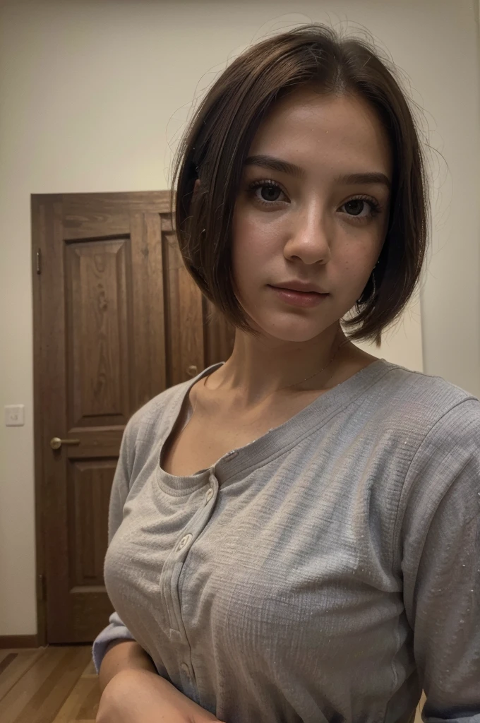 (obra maestra: 1.2, Masterpiece: 1.2, Superior Quality), Realistic, (Realistic Picture, Complex Details, Depth of Field, Superior Quality, Masterpiece), Highly Detailed, 1 Girl, SELFIE, vestida con pijama, 21 years old, Brown hair , Short hair reaching shoulders, Gray eyes, selfie, sin pinturas de fondo,