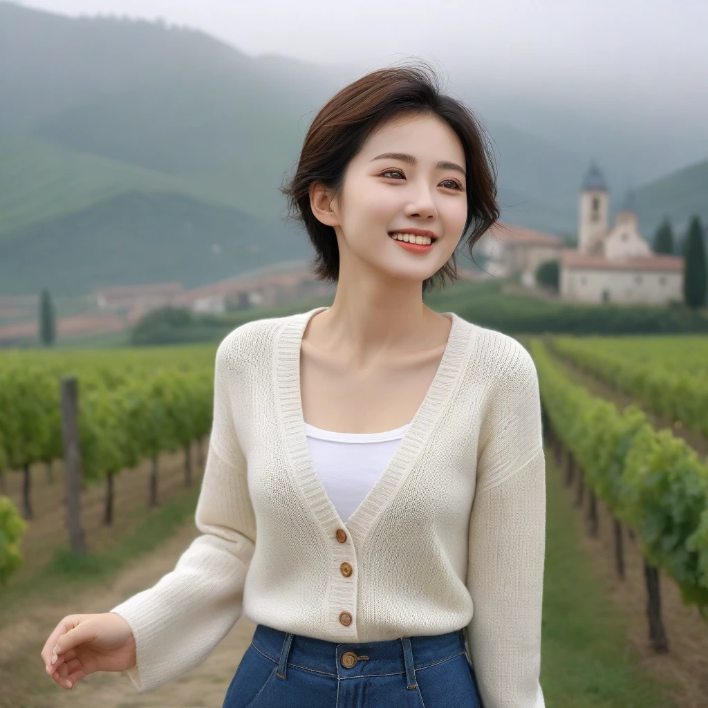  best picture quality, Beautiful 36-year-old Korean woman, Good skin and big, round eyes.. clear and nice weather. Chest size 34 inches, italian countryside, past the vineyard, A cathedral can be seen in the fog in the distance.., The back background is realistic and vivid quality., Short and medium hair blowing in the wind, Wearing a short cardigan over a knit that goes up to the neck. casual pants, laugh. the background is clear, Short and slim Korean woman, stand far away, Photo taken with a wide-angle lens, 1 woman