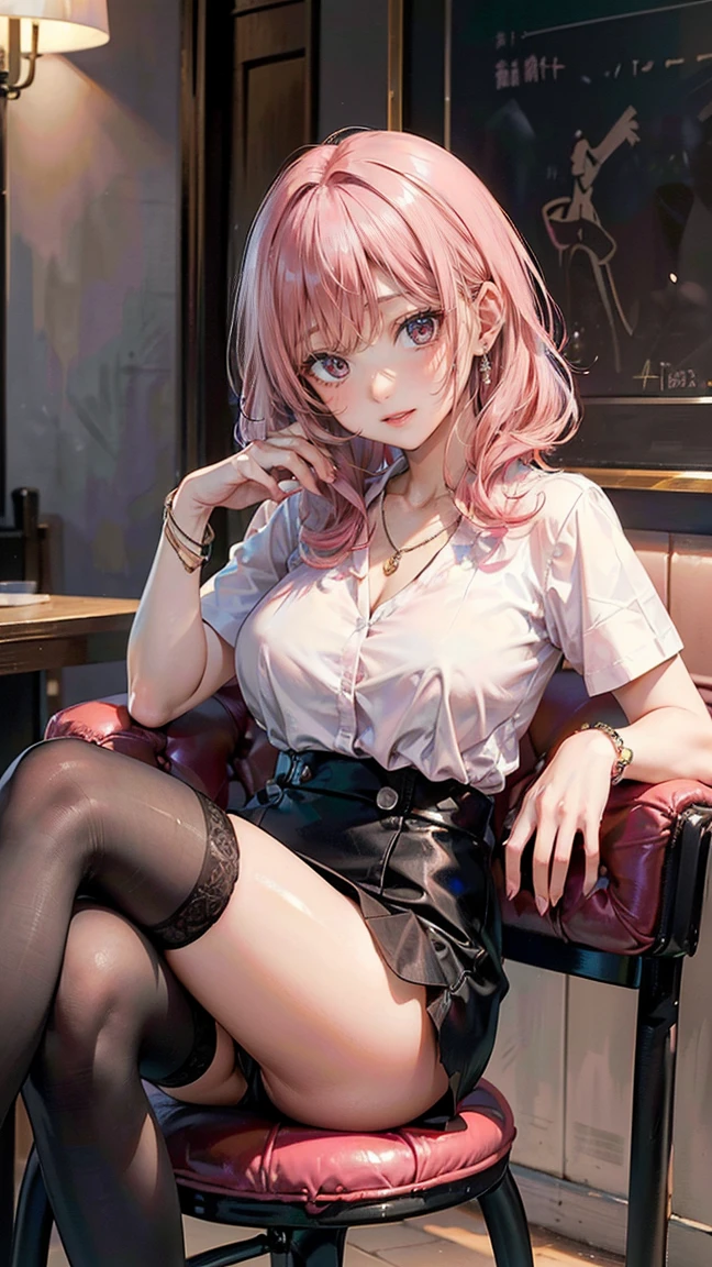 (Masterpiece, BestQuality:1.3), (ultra detailed:1.2), (hyperrealistic:1.3), (RAW photo:1.2), High detail RAW color photo, professional photograph, (Photorealistic:1.4), (realistic:1.4), (Pink Hair:1.5), professional lighting, perfect anatomy, (Big Breasts:1.2), (blush, detailed face), (cheerful Smile:1.5), Trending Hair&Trending Hairカラーをランダムに, earrings, necklace, bracelet, sexly, erotic sexly, Random sexy gravure poses, (A beautiful secretary in a black miniskirt and a tight white shirt、Sitting on a chair in a cafe、Smile as if seducing。Legs crossed in black stockings and black high heels、A pose that shows off a deep chest。: 1.3)