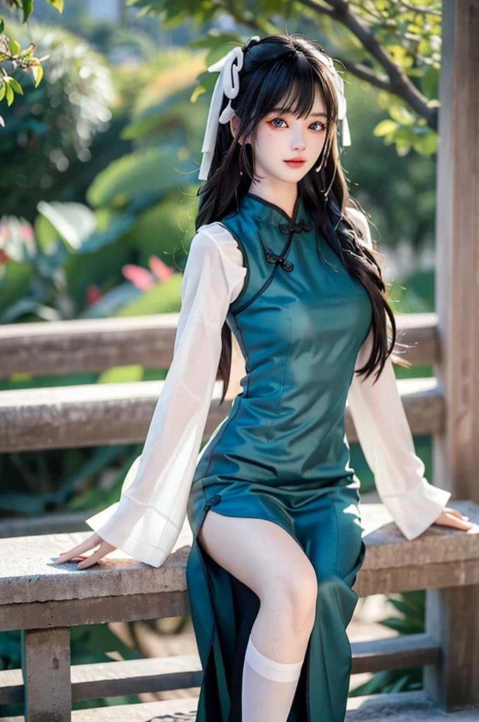 There is a girl in a green dress, plum blossoms, palaces, oriental architecture ray tracing, {best quality}, {{masterpiece}}, extremely detailed 8K wallpaper, {an extremely delicate and beautiful}, colorful, intricately detailed, Realistic, real, camera quality, (detailed depiction of clothes), cool white skin, (detailed depiction of blush), 1080p, sun, soft cuteness, smooth light silver hair, messy beauty, lighting, broken feeling, bright and silky skin , 3D stereoscopic, masterpiece, best quality, super fine illustration, beautiful eyes, very fine light, fine glow, very fine 8K CG wallpaper, peach eyes, red pupils, an extremely delicate and beautiful girl, 8k Wallpaper, best quality, full body close-up, white long dress, luxurious silky bright red chiffon floodlight (magic, glitter, ultra-thin, soft,) Hanfu