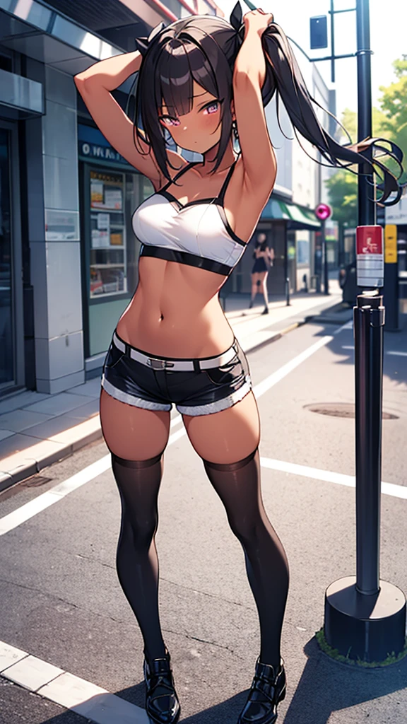 masterpiece, best quality, ultra detailed, 1girl, dark skin, twin tails, thighhighs, (micro short shorts), tube top, full body, street, medium breasts, armpit,