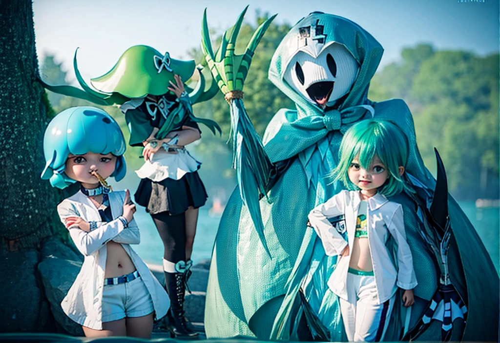 Short hair girl on the left,Mushroom head girl,Girl with slime textured hair,Girl with blue and green gradient hair,A mushroom-headed man with a mushroom head behind him,A man with a green mushroom head