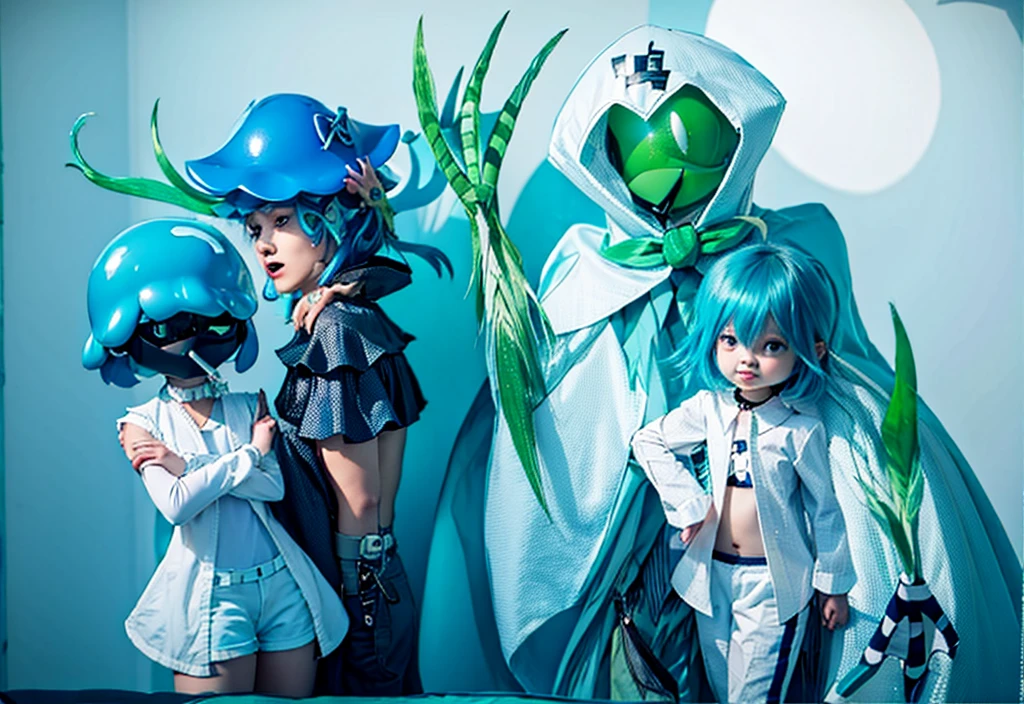 Short hair girl on the left,Mushroom head girl,Girl with slime textured hair,Girl with blue and green gradient hair,A mushroom-headed man with a mushroom head behind him,A man with a green mushroom head