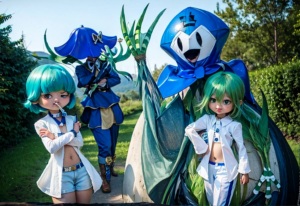 Short hair girl on the left,Mushroom head girl,Girl with slime textured hair,Girl with blue and green gradient hair,A mushroom-headed man with a mushroom head behind him,A man with a green mushroom head
