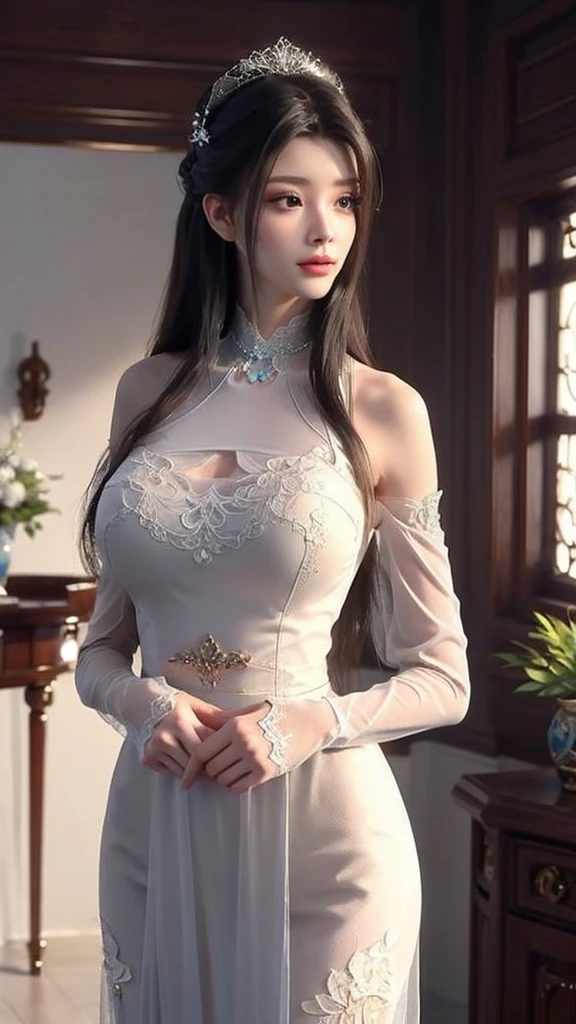 tmasterpiece,Best picture quality,HD 8K wallpaper,Beautiful picture,Elegant single woman,"Embellished Lace Lingerie Set" dress,Shiny eyes,Detail at its best,An exquisite masterpiece,Pure beauty and lightnesoderately aesthetic,Gentle and elegant,Attention to detail,Cyan white lace round "Embellished Lace Lingerie Set" dress,Immortal, full body portrait, Cameltoe, Cameltoe