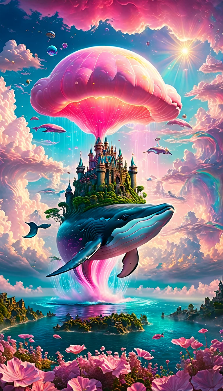 (a Dream Castle on the back of  a pink majestic whale) floating above the clouds of sky, dream castle, a pink majestic whale,(best quality,4k,8k,highres,masterpiece:1.2),ultra-detailed, ethereal, dreamlike, surreal, with a touch of magic, vibrant colors, soft and delicate, blending seamlessly into the clouds, with a serene and tranquil expression, surrounded by a mystical aura, glowing softly, reflecting the sunlight, creating a breathtaking scene
