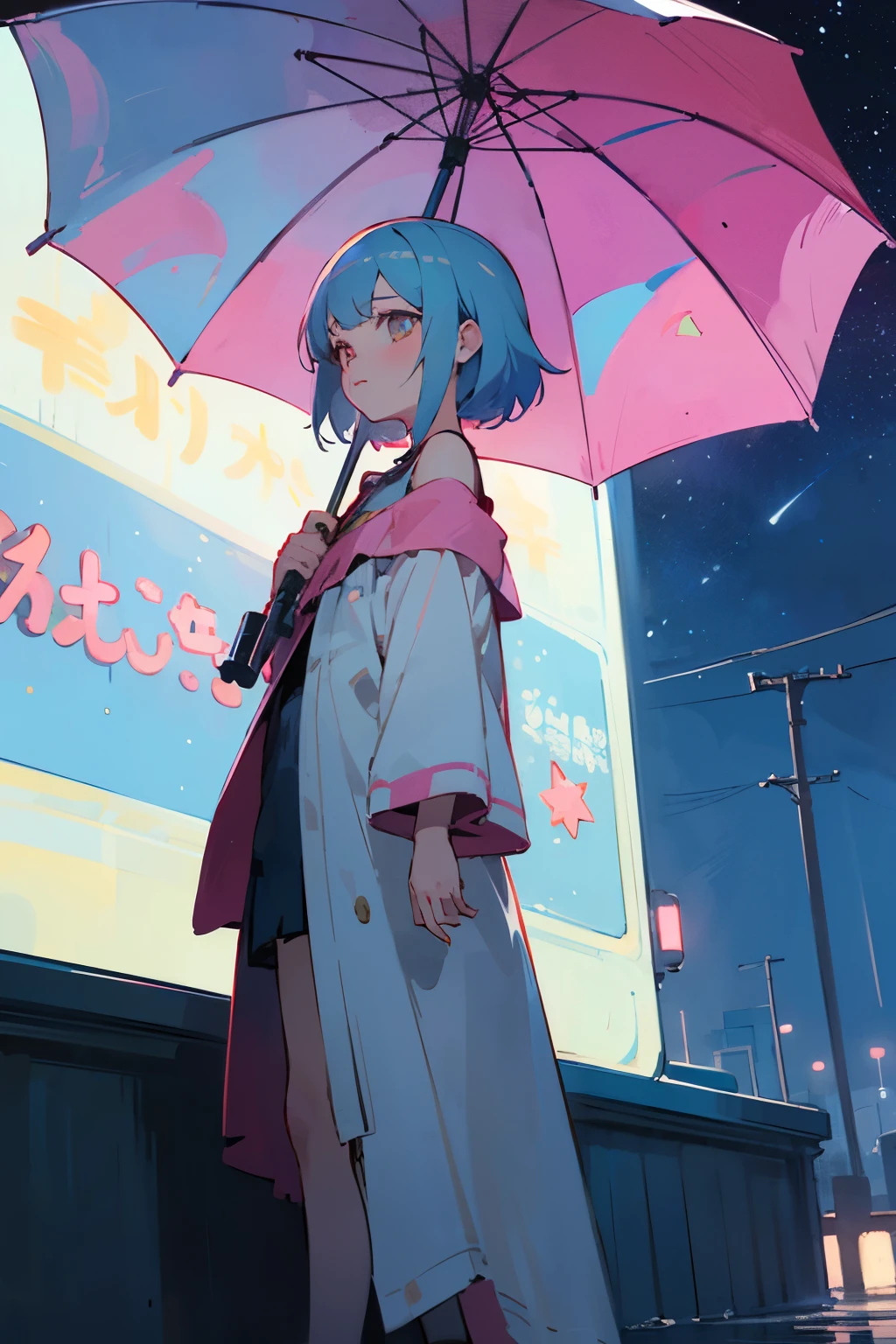((Best quality)), ((masterpiece)), (detailed), 1 girl, off shoulder sweater, neon signs, neon light, Anime girl, anime night sky, stars, full length, poor lighting, neon light, rain, , child