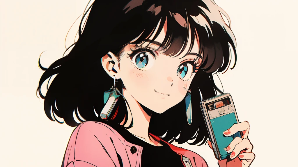 Anime-style illustration of a girl holding a cassette tape. The background is simple、The focus is on the girl and the cassette tape.. The girl has big eyes, Brown Hair, Wearing casual clothes. The cassette tape is labeled in red ``1980...''. The girl is smiling and holding the cassette in front of her face.