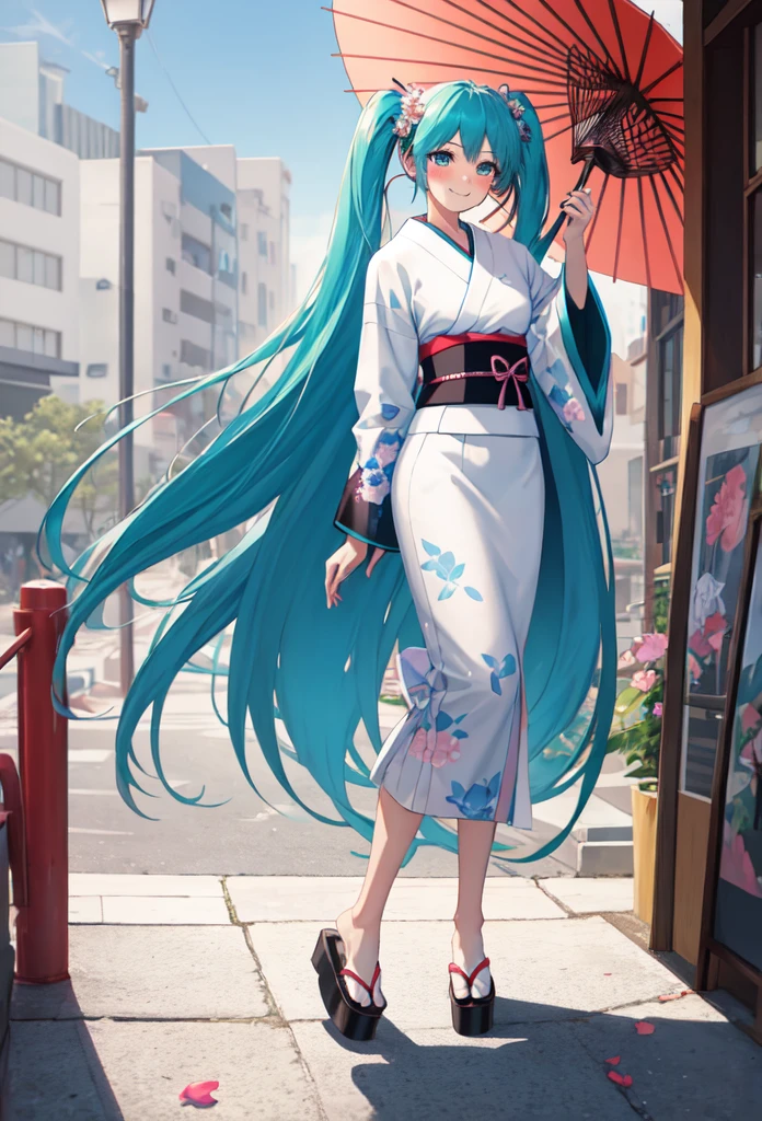 best quality, masterpiece, high resolution, solitary, (Hatsune_future_Blue File:1.10), 1 girl, Wide sleeves, Long sleeve, Looking at the audience, Heart, blush, flowering, Smile, Holding an umbrella, Oil-paper umbrella, outdoor, Floral, White Kimono, Residence, Printed Kimono, ,Dance,full-body shot