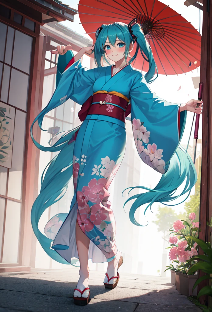 best quality, masterpiece, high resolution, solitary, (Hatsune_future_Blue File:1.10), 1 girl, Wide sleeves, Long sleeve, Looking at the audience, Heart, blush, flowering, Smile, Holding an umbrella, Oil-paper umbrella, outdoor, Floral, White Kimono, Residence, Printed Kimono, 14 ，Dance，full-body shot