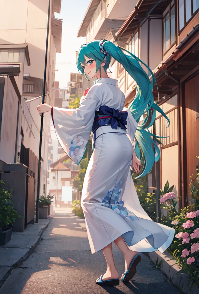 best quality, masterpiece, high resolution, solitary, (Hatsune_future_Blue File:1.10), 1 girl, Wide sleeves, Long sleeve, Looking at the audience, Heart, blush, flowering, Smile, Holding an umbrella, Oil-paper umbrella, outdoor, Floral, White Kimono, Residence, Printed Kimono, ,Dance,full-body shot