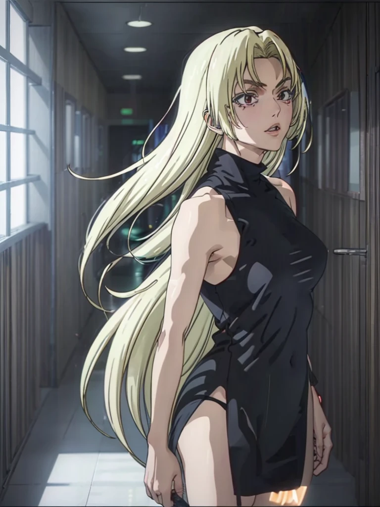 YukiTsukumo, blonde, long hair, female focus, solo, sleeveless turtleneck, blonde hair, red eyes, Yuki_Tsukumo, YukiTsukumo, YukiTsukumo, 1girl, solo, long hair, red eyes, blonde hair,bare shoulders, sleeveless, 👙 like anime full body meaty legs