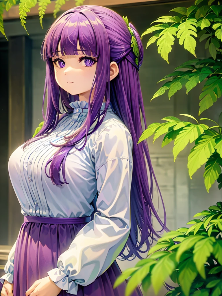 Fern, Long Hair, bangs, (Purple eyes:1.1), Purple Hair, Side Lock, blunt bangs, (Bright Eyes:1.5), Half Up,Big breast, Break, 
masterpiece, top quality, high resolution, photorealistic, 
cowboy shot, front view,
(attractive mature McDonald's Cashier cleavage, mcdonalds, rim lighting),
1girl, solo,looking at viewer