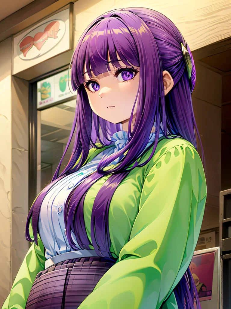 Fern, Long Hair, bangs, (Purple eyes:1.1), Purple Hair, Side Lock, blunt bangs, (Bright Eyes:1.5), Half Up,Big breast, Break, 
masterpiece, top quality, high resolution, photorealistic, 
cowboy shot, front view,
(attractive mature McDonald's Cashier cleavage, mcdonalds, rim lighting),
1girl, solo,looking at viewer