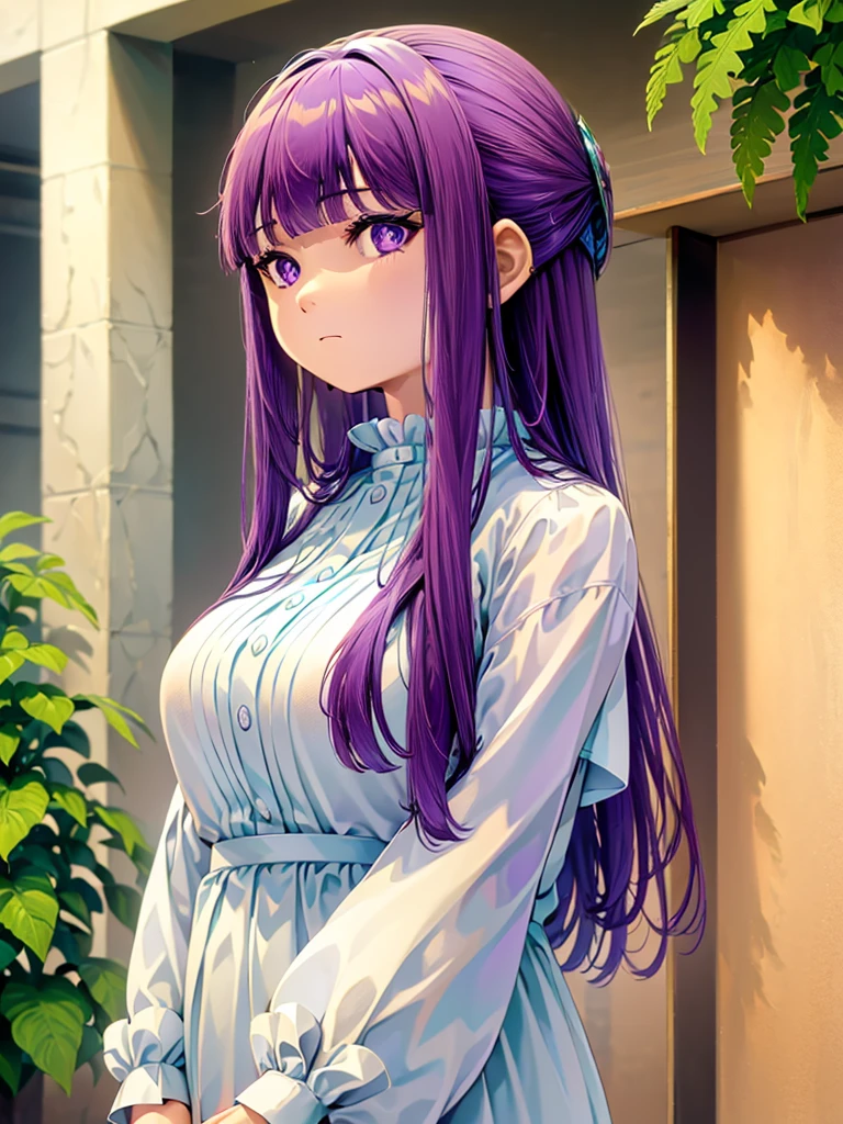 Fern, Long Hair, bangs, (Purple eyes:1.1), Purple Hair, Side Lock, blunt bangs, (Bright Eyes:1.5), Half Up,Big breast, Break, 
masterpiece, top quality, high resolution, photorealistic, 
cowboy shot, front view,
(attractive mature McDonald's Cashier cleavage, mcdonalds, rim lighting),
1girl, solo,looking at viewer