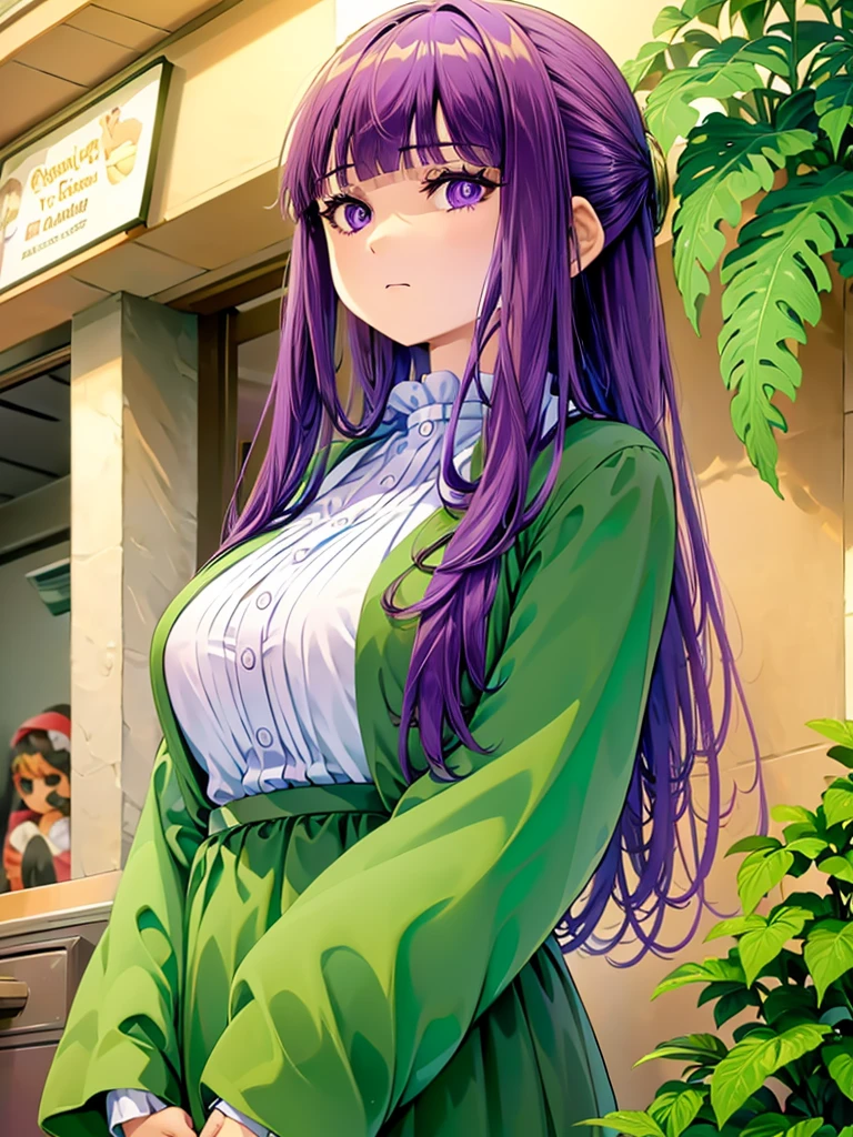 Fern, Long Hair, bangs, (Purple eyes:1.1), Purple Hair, Side Lock, blunt bangs, (Bright Eyes:1.5), Half Up,Big breast, Break, 
masterpiece, top quality, high resolution, photorealistic, 
cowboy shot, front view,
(attractive mature McDonald's Cashier cleavage, mcdonalds, rim lighting),
1girl, solo,looking at viewer