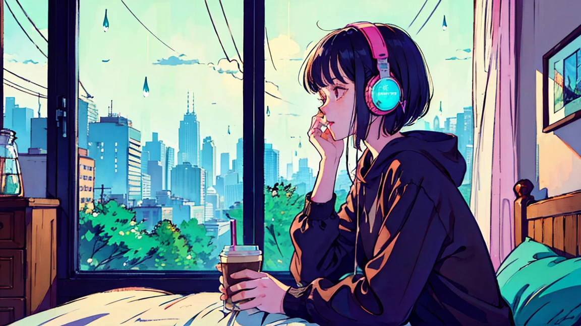 Lofi Song, Sitting on the bed. Looking out the window, Drink coffee. Listening to music through headphones, Looking out the window and seeing the rain falling