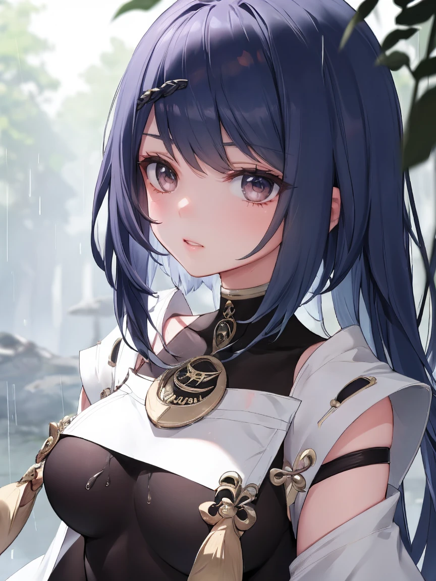 Nine-stripe leno|Genshin Impact, （（best quality））， （（masterpiece））， （detail：1.4），forest，rain，wet，Detailed portrait of anime girl