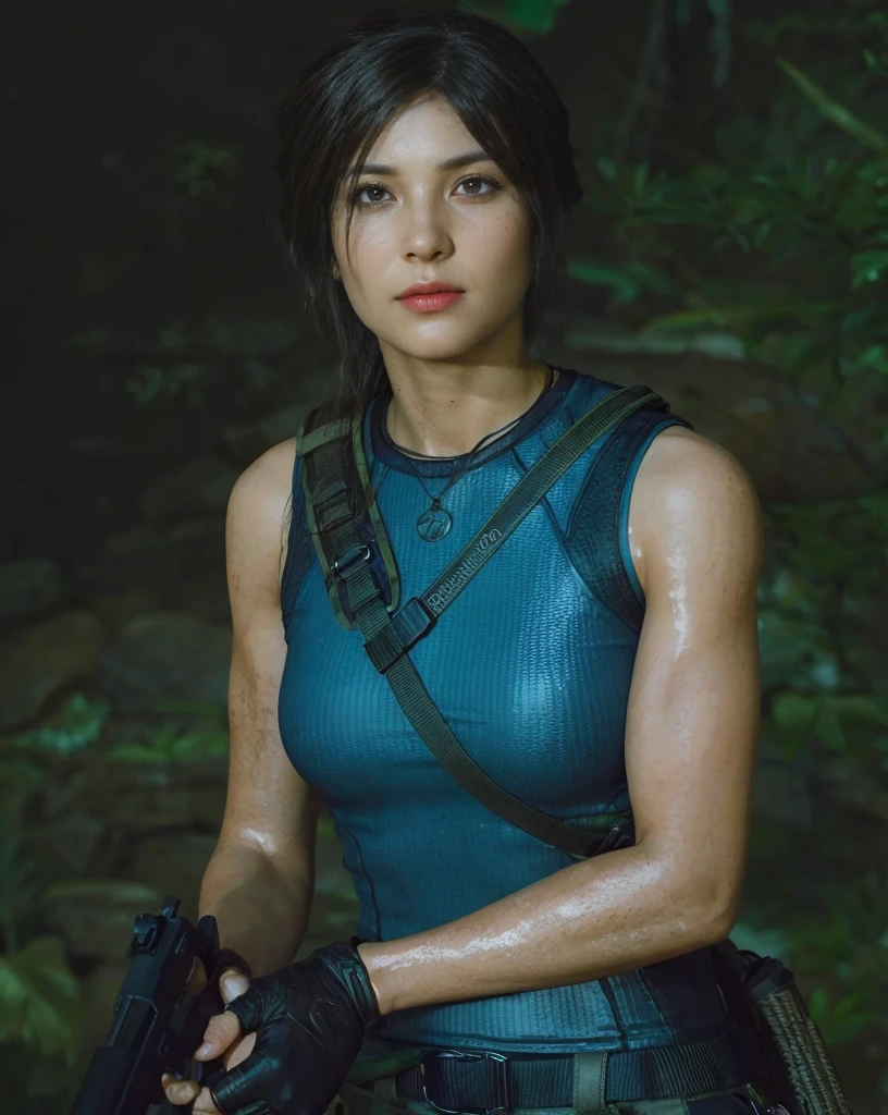 Lara Croft, brown eyes, (best quality, ultra-detailed), (realistic:1.37), beautiful and detailed face, ultra-realistic texture, delicate face, delicate body, red lipstick, bright colors. high definition, 8K, angy expression 