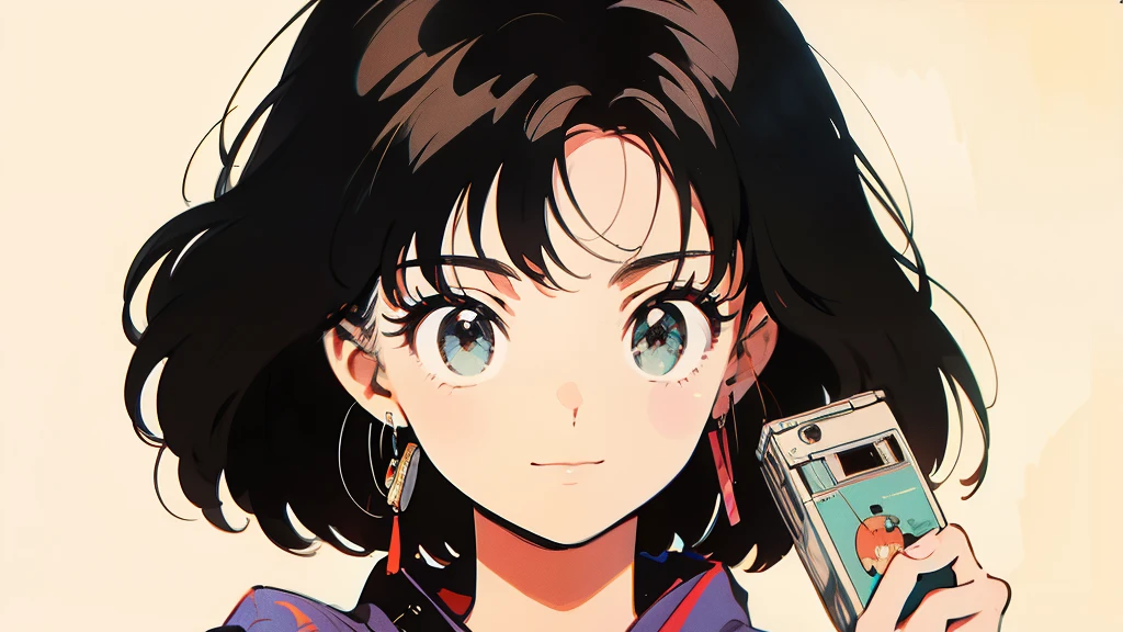 An anime style drawing of a girl holding a cassette tape. The girl wearing yukata,
The background is simple and the main focus is on the girl and the cassette tape. 
The girl has big eyes, brown hair, and wears yukata. The cassette tape is red and labeled ``1980...''. 
The girl is smiling and holding the cassette up in front of her face.