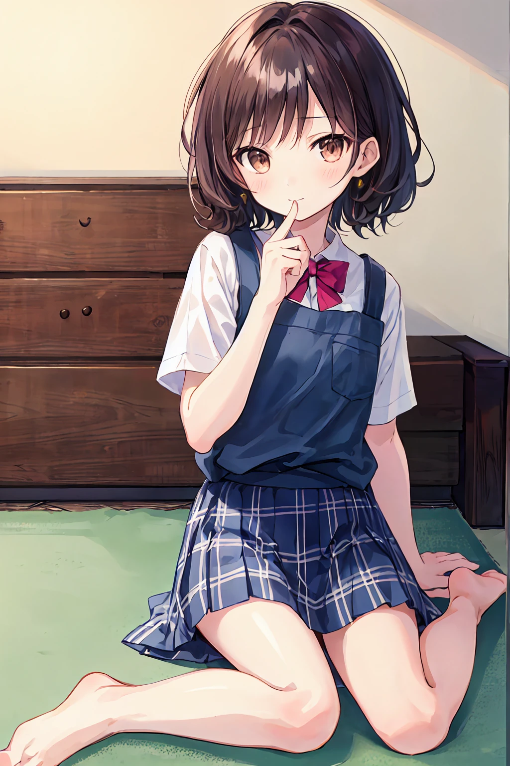 (child)，Highest quality，Beautiful face in every detail，cute，Dark brown eyes，(背の低いcute女の子，Little young student，Young and delicate girl）,（masterpiece，Highest quality)，Black Hair，Embarrassing，blush，Short sleeve white shirt，Plaid white skirt，Pitiful，Pitiful，Pitiful，Anatomically correct，Beautifully shaped feet，Shortcuts